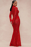 SUPER WHOLESALE | Stand Neck Lace Long Sleeve Back Zip Up Long Dress