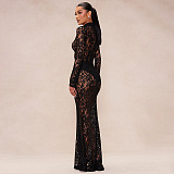 SUPER WHOLESALE | Stand Neck Lace Long Sleeve Back Zip Up Long Dress