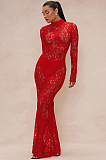 SUPER WHOLESALE | Stand Neck Lace Long Sleeve Back Zip Up Long Dress