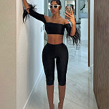 SUPER WHOLESALE | Off-Shoulder Wrap Top, Fitted Bodycon Skirt, and Five-Point Shorts Set