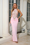 SUPER WHOLESALE |   Embroidered Patchwork Slim-fit Long Dress in Pink