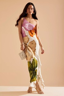 SUPER WHOLESALE | Printed Silk One Shoulder Long Dress