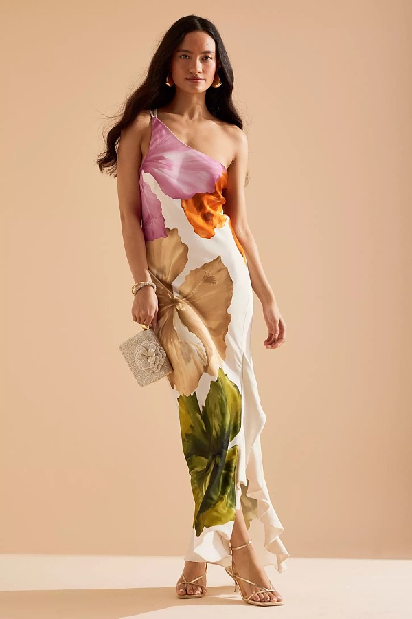 SUPER WHOLESALE | Printed Silk One Shoulder Long Dress