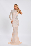 SUPER WHOLESALE |   Beaded  Slim-fit One-shoulder Dress in Apricot