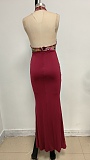 SUPER WHOLESALE |   Embroidered Patchwork Slim-fit Long Dress in Red