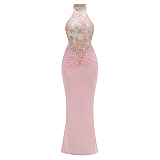 SUPER WHOLESALE |   Embroidered Patchwork Slim-fit Long Dress in Pink