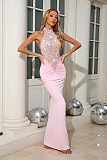 SUPER WHOLESALE |   Embroidered Patchwork Slim-fit Long Dress in Pink