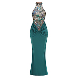 SUPER WHOLESALE |   Embroidered Patchwork Slim-fit Long Dress in Green