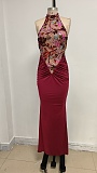 SUPER WHOLESALE |   Embroidered Patchwork Slim-fit Long Dress in Red