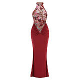 SUPER WHOLESALE |   Embroidered Patchwork Slim-fit Long Dress in Red