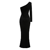 SUPER WHOLESALE | One-should Cut Out Lace Flower Decor Slim-fit Long Dress
