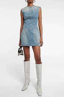 SUPER WHOLESALE | Denim Distress Off-Shoulder Min Dress