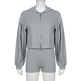 SUPER WHOLESALE |  Hoodie Tracking Coat and Traiangle Cami Shorts Set