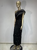 SUPER WHOLESALE | Asymmetric Fuchsia Dress with Crystal Accents