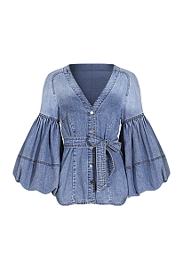 SUPER WHOLESALE | Denim Lantern Cuffs Shirt Top