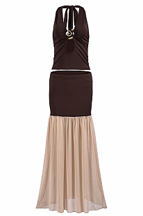 Patchwork Front Cut-out Long Dress