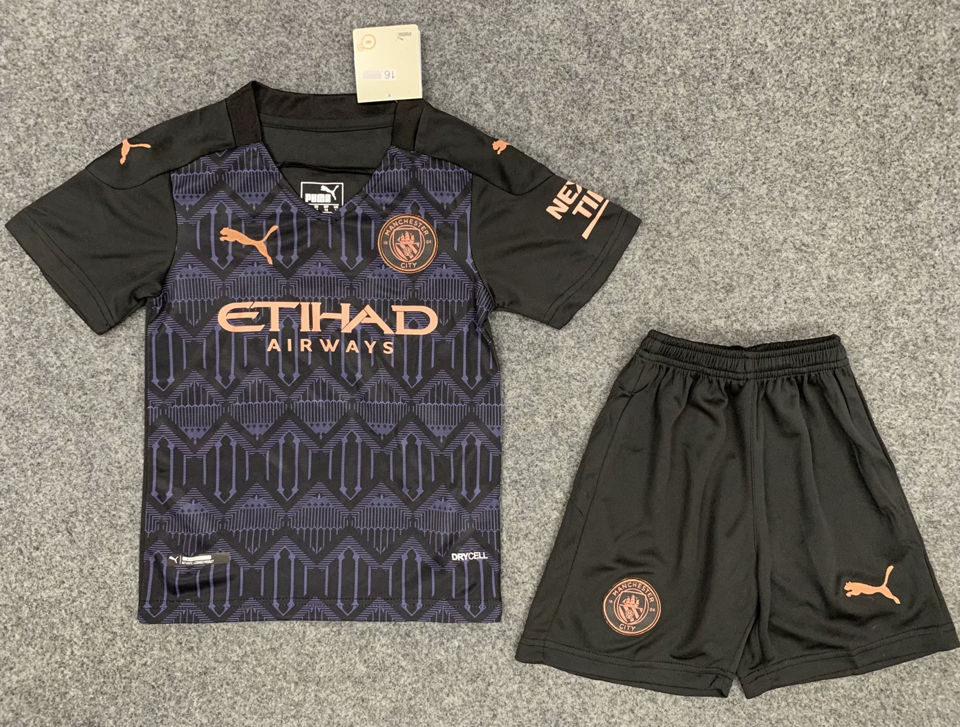 2020 21 Man City Away Black Kids Soccer Jersey