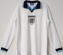 1996 England Home White Retro Long Sleeve Soccer Jersey
