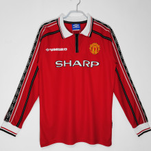 1998/99 M Utd Home Red Long Sleeve Retro Soccer Jersey