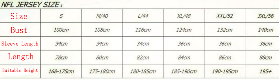 NFL Jersey Size Chart