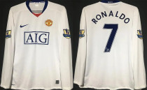 RONALDO #7 M Utd White Retro Long Sleeve Jersey 2008/09 (Have Patch 带 07/08 CHAMPIONS 金 英超双臂章 FA Premier League Font 英超字体 ) ★★