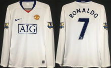 RONALDO #7 M Utd White Retro Long Sleeve Jersey 2008/09 (Have Patch 带 07/08 CHAMPIONS 金 英超双臂章 FA Premier League Font 英超字体 )