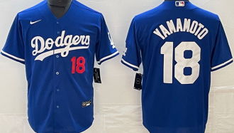 LA Dodgers #18 YAMAMOTO Blue Baseball Jersey 胸前红18