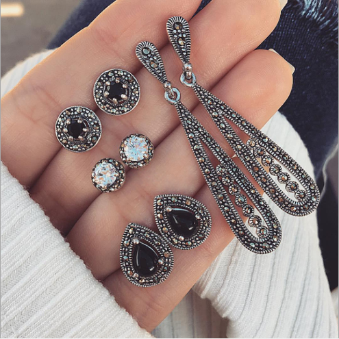 4 Pairs Clear Black Rhinestone Boho Earrings Set Crystal Stud Drop Womens Ladies