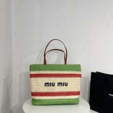 ミュウミュウバッグ MiuMiu2022新しいわら織りストライプステッチハンドバッグ