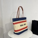 ミュウミュウバッグ MiuMiu2022新しいわら織りストライプステッチハンドバッグ