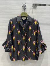グッチ服GUCCI 2023新作 アイスクリーム アイスクリーム プリント パジャマ風 蓮の葉 レース袖 シルクシャツ