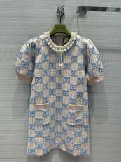 グッチ服GUCCI 2023新作 アドバンスト ピンク ブルー ジャカード フルGGウール ワンピース