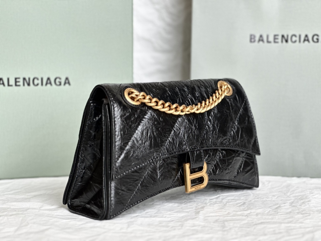 バレンシアガバッグBALENCIAGA 2023新作高品質151スモールブラック刺繍ゴールドバックル砂時計チェーンバッグ