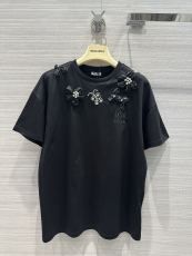 ミュウミュウ服Miu Miu 2023新作 ヘビークラフト立体フラワーラインストーンTシャツ