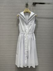 ミュウミュウ服Miu Miu 2023 新作 ガール ネイビー風 セーラーカラー ポプリン コットン ホワイトドレス