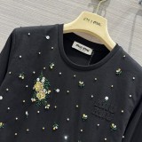 ミュウミュウ服Miu Miu 2023新作 立体フラワークリスタルダイヤモンドビーズスパンコール装飾長袖Tシャツ