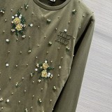ミュウミュウ服Miu Miu 2023新作 立体フラワークリスタルダイヤモンドビーズスパンコール装飾長袖Tシャツ