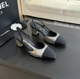 シャネル靴 CHANEL 2024新作 厚底ヒール スクエアトゥ カラーブロック 万能ハイヒール バックスリップ レディースサンダル