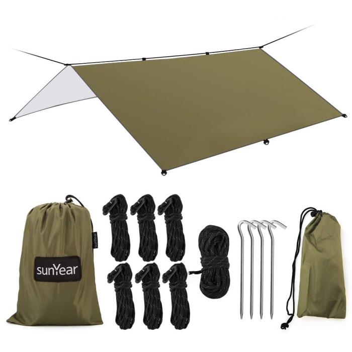 Sunyear Hammock Rain Fly Tent Tarp Provides Effective Protection Against Rain, Snow. Big 9.8x9.5ft Durable, Waterproof 210D Oxford. 13ft Long Ridgeline, 6 Guy Lines, 2 Stuff Sacks. Easy Assembly