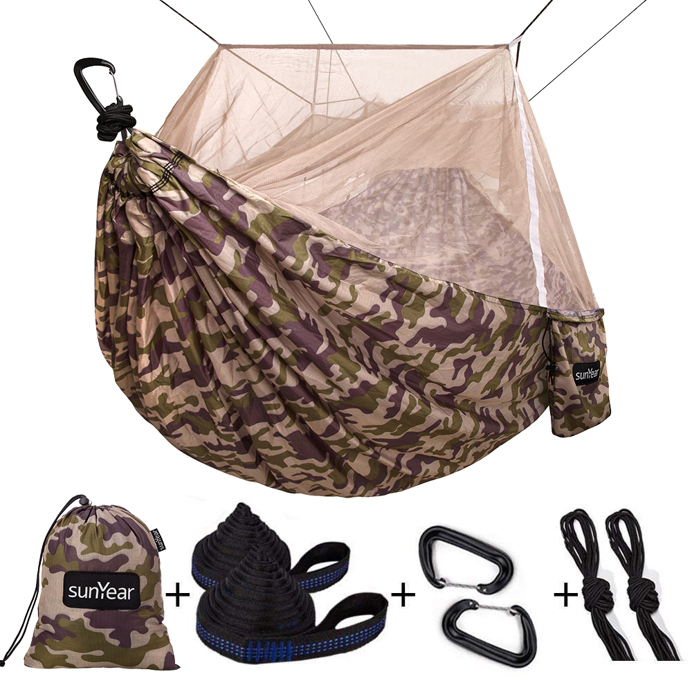 Sunyear Hammock Camping with Rain Fly Tarp and Net, Portable Camping  Hammock Double Tree Hammock Outdoor Indoor Backpacking Travel & Survival, 2  Tree