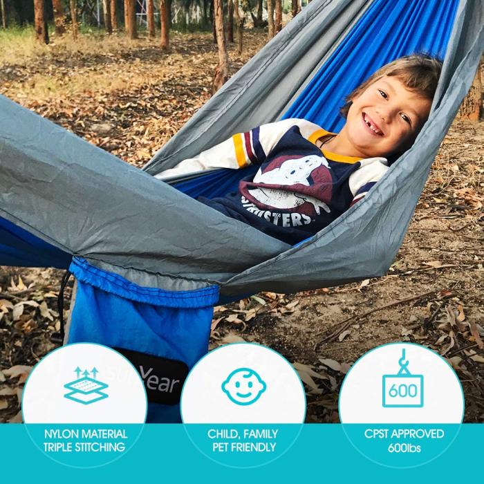 Sunyear Hammock Camping Lightweight Portable Nylon Hammock with 2 Tree Straps (32 Loops,10 ft) & 2D-Shape Steel Carabiners-Easy to Assemble – Perfect for Camping Backpacking Hiking Travel Beach Yard ( 55 inch x 106 inch ）