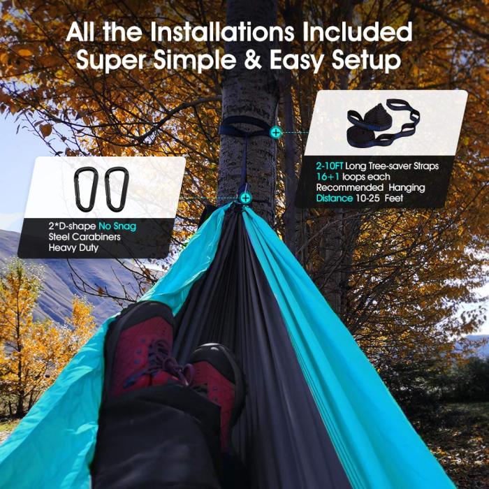 Sunyear Hammock Camping Lightweight Portable Nylon Hammock with 2 Tree Straps (32 Loops,10 ft) & 2D-Shape Steel Carabiners-Easy to Assemble – Perfect for Camping Backpacking Hiking Travel Beach Yard ( 55 inch x 106 inch ）