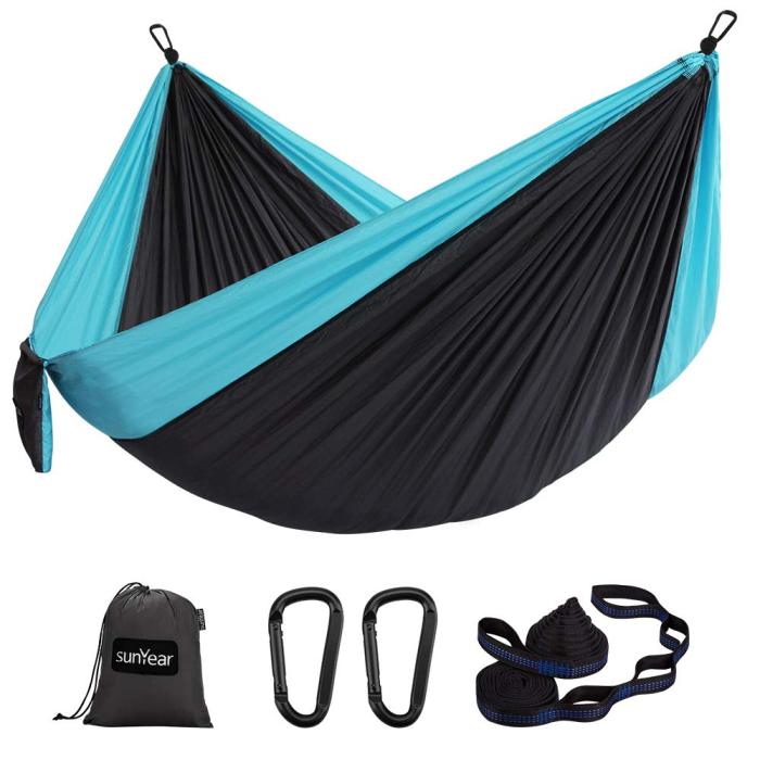 Sunyear Hammock Camping Lightweight Portable Nylon Hammock with 2 Tree Straps (32 Loops,10 ft) & 2D-Shape Steel Carabiners-Easy to Assemble – Perfect for Camping Backpacking Hiking Travel Beach Yard ( 78 inch x 118 inch ）