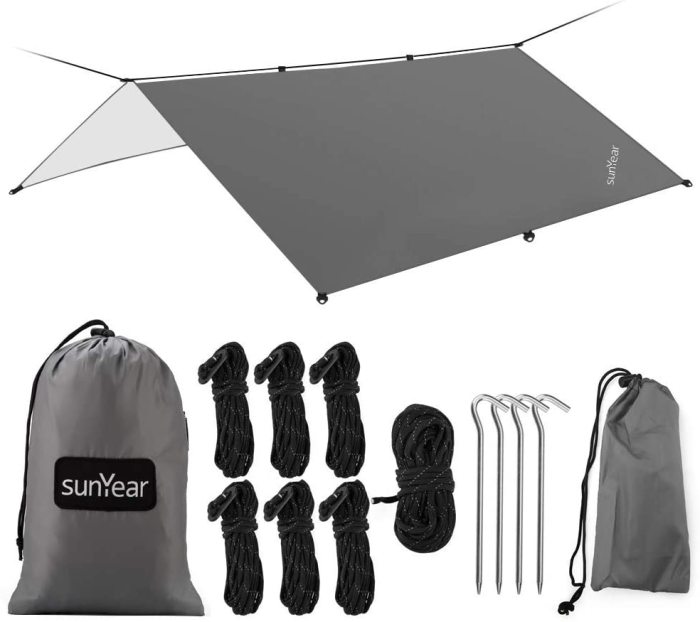 Sunyear Hammock Rain Fly Tent Tarp Provides Effective Protection Against Rain, Snow. Big 9.8x9.5ft Durable, Waterproof 210D Oxford. 13ft Long Ridgeline, 6 Guy Lines, 2 Stuff Sacks. Easy Assembly