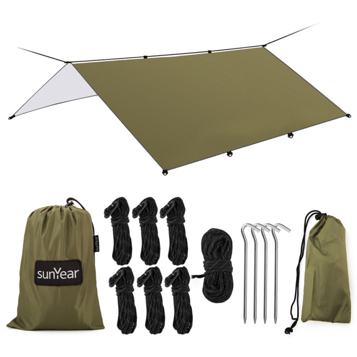 Sunyear Hammock Rain Fly Tent Tarp Provides Effective Protection Against Rain, Snow. Big 9.8x13.1ft Durable, Waterproof 210D Oxford. 13ft Long Ridgeline, 6 Guy Lines, 2 Stuff Sacks. Easy Assembly
