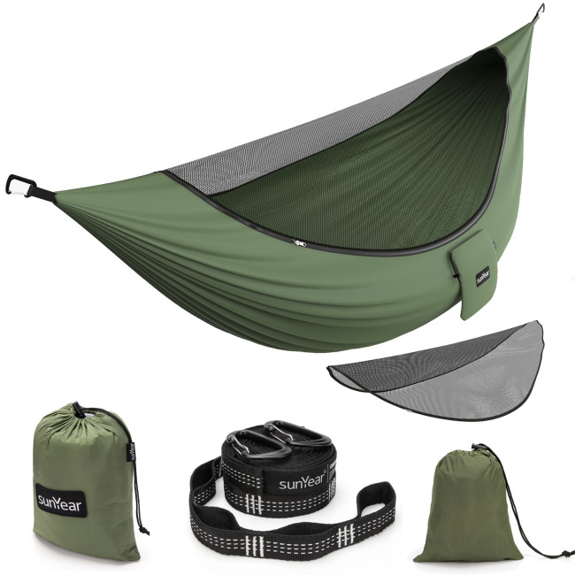 Sunyear Camping Hammock with Removable No See-Um Mosquito Net, Double & Single Portable Outdoor Hammocks Parachute Lightweight Nylon with Tree Straps for Adventures Hiking Backpacking ( 9.5 feet × 5 feet )