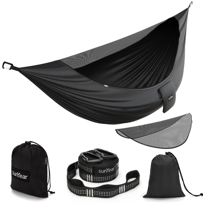 Sunyear Camping Hammock with Removable No See-Um Mosquito Net, Double & Single Portable Outdoor Hammocks Parachute Lightweight Nylon with Tree Straps for Adventures Hiking Backpacking ( 9.5 feet × 5 feet )