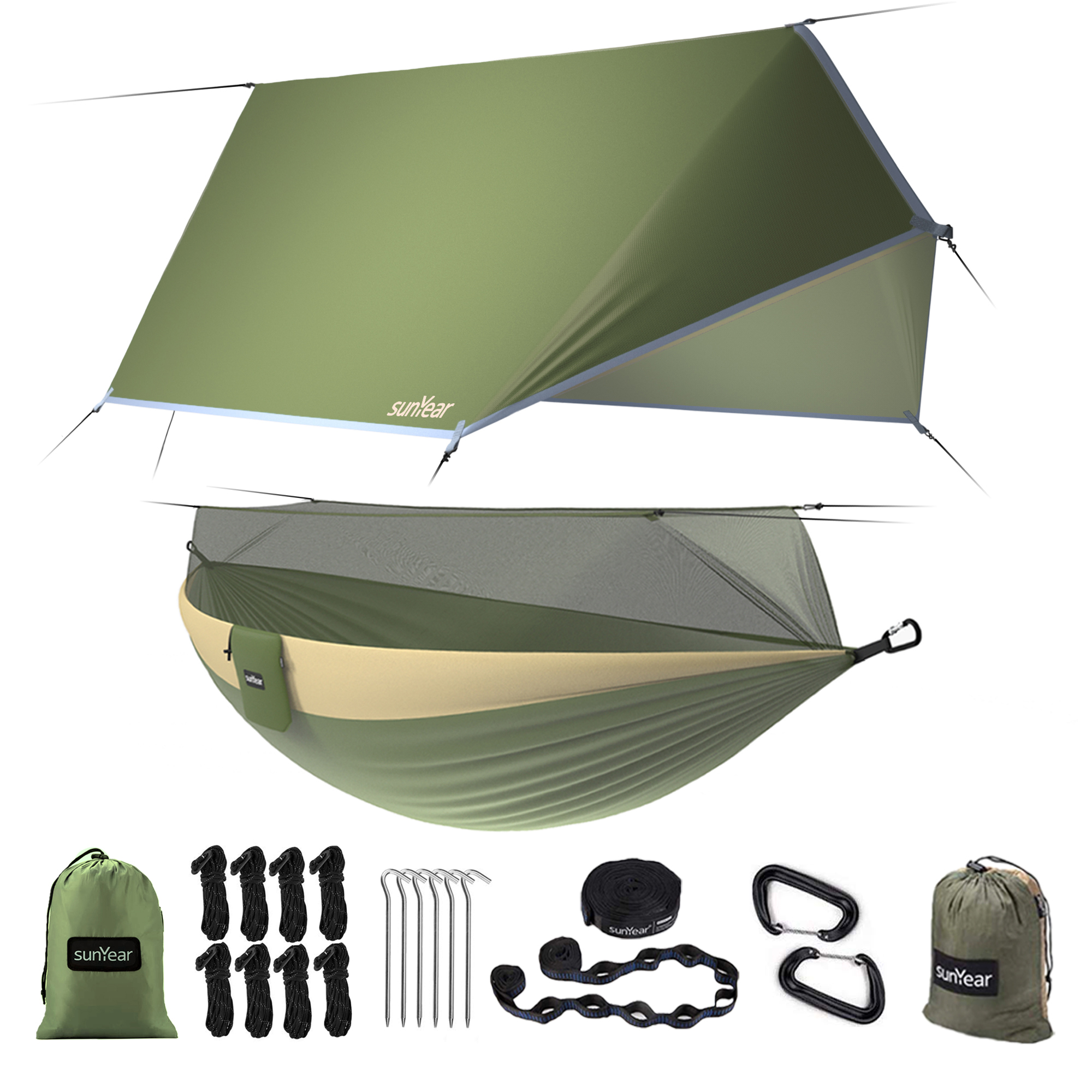 Sunyear Hammock Camping with Rain Fly Tarp and Net, Portable Camping  Hammock Double Tree Hammock Outdoor Indoor Backpacking Travel & Survival, 2  Tree