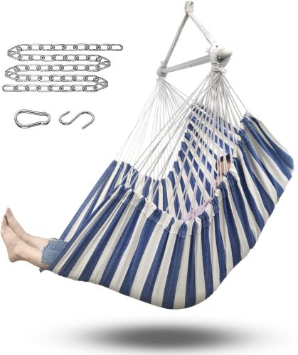 Hammock Chair Swing (500 lbs Max) - Hanging Hammock Chair Rope Swing for Outdoor Patio, Bedroom, Porch, Deck - Indoor and Outdoor - Sturdy Steel Bar with Anti-Slip Safety Rings