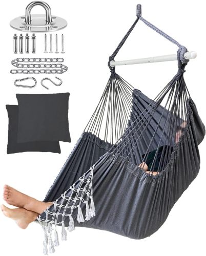 Hammock Chair XXL Large Macrame Swing Indoor Hammock for Bedroom - Max 500 Lbs - 2 Cushions & All Hanging Kit Included